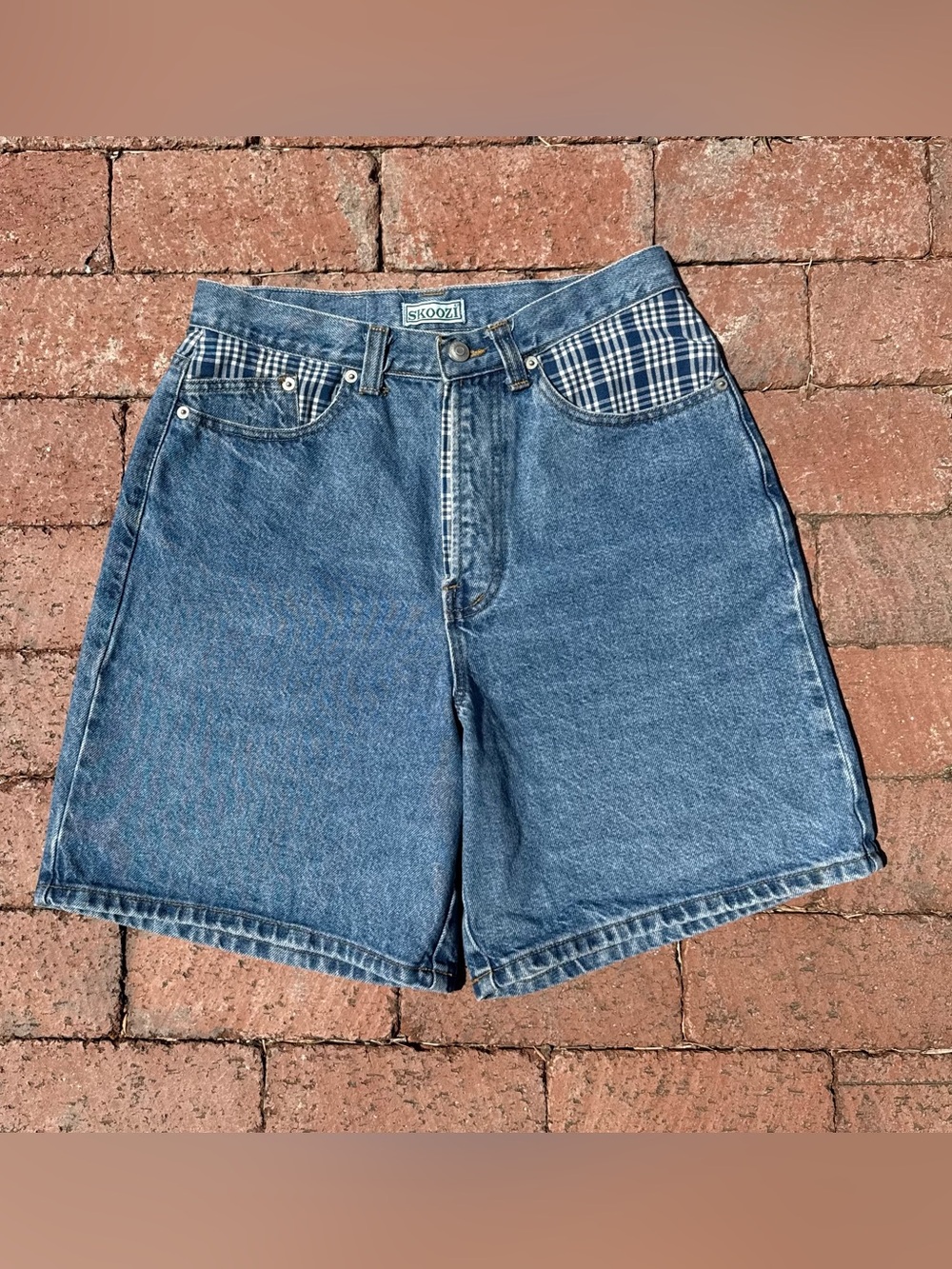 Skoolz Vintage Denim Shorts with Plaid Pocket Accents - Blue